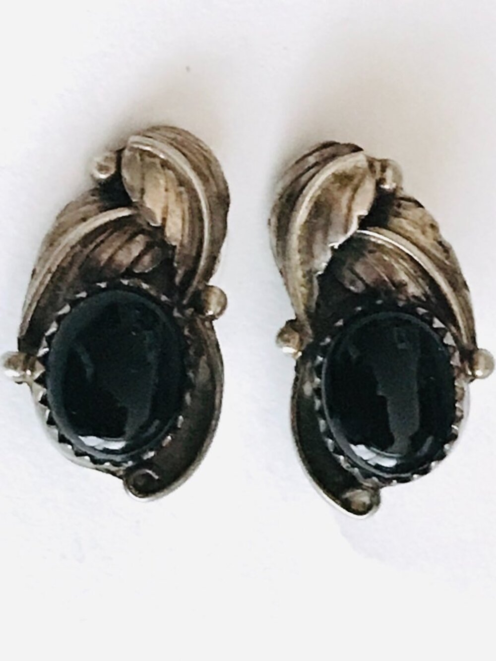 Vintage Native American Black Onyx Sterling Silver Clip-On Earrings